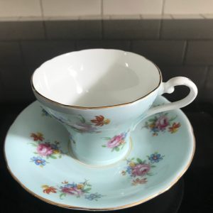 Aynsley Tea Cup and Saucer Corset mint light blue Chintz Pink Cabbage Rose Gold trim England Collectible Display Farmhouse bridal