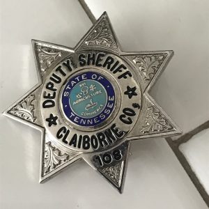 Obsolete Badge Deputy Sheriff  Clairborne county Tazewell Tennessee # 108 7 point star 2" across from retired Sheriff Silver color