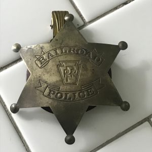 Obsolete Badge Police Pennsylvania Railroad collectible display memorabilia 1930's-40's "C" clasp brass with leather holder