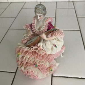 Vintage Dresden Ireland Crinoline Lace Victorian woman playing instrument ornate full skirt hand painted collectible figurine collectible