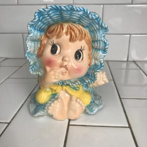 Vintage Headvase Head vase anthropomorphic baby with blue clothing and bonnet Japan Mid Century collectible display