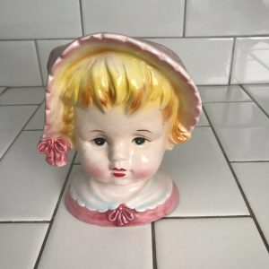 Vintage Headvase Head vase anthropomorphic baby with Pink and bonnet Relpo Japan Mid Century collectible display