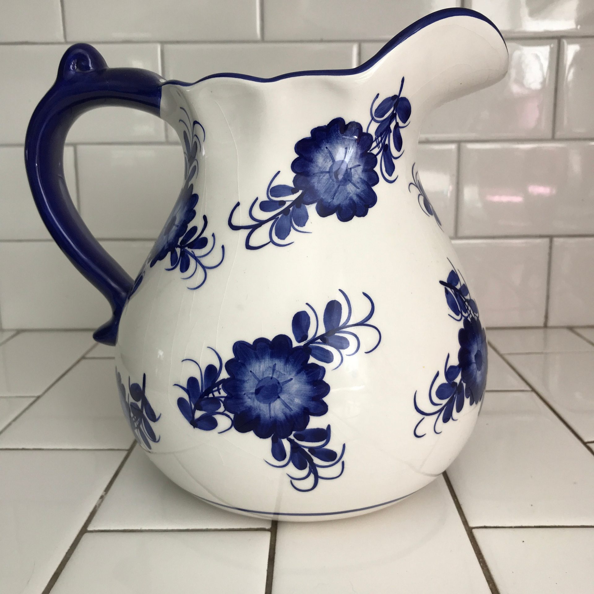 Vintage Ceramic Creamer or Tea Pitcher - 12 ounce Small Ceramic Pitcher  with Lid - Blue and White floral design - Unique Gift Idea