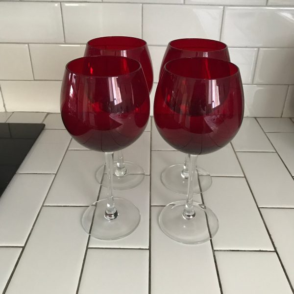 Vintage Set of 4 Water Goblets Wine Glasses Red with clear stems Fine dining elegant dining collectible home stemware Red