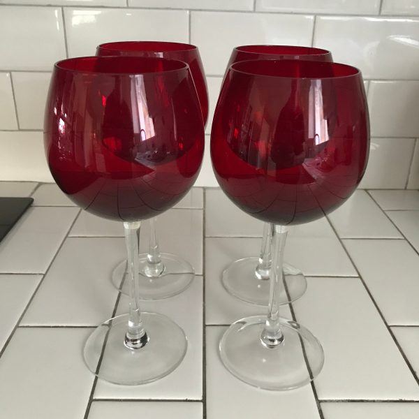 Vintage Set of 4 Water Goblets Wine Glasses Red with clear stems Fine dining elegant dining collectible home stemware Red