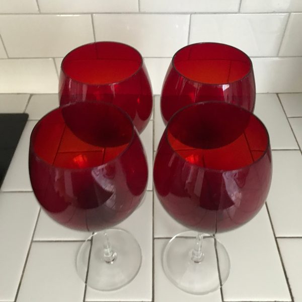 Vintage Set of 4 Water Goblets Wine Glasses Red with clear stems Fine dining elegant dining collectible home stemware Red