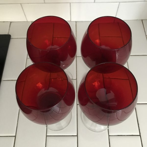 Vintage Set of 4 Water Goblets Wine Glasses Red with clear stems Fine dining elegant dining collectible home stemware Red