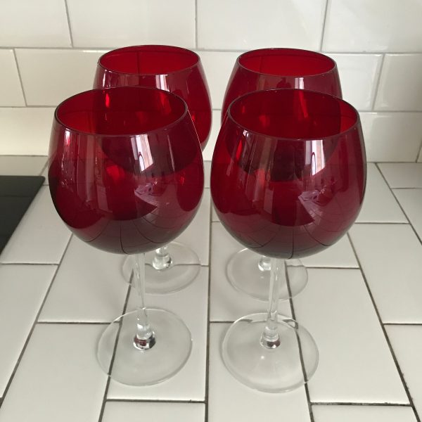 Vintage Set of 4 Water Goblets Wine Glasses Red with clear stems Fine dining elegant dining collectible home stemware Red