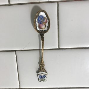 Vintage Spoon Enameled center and top fruit pattern Brass ornate detail Czechoslovakia Early piece Unique fruit center