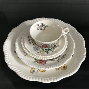 Antique set of Copeland Spode Romney Pattern Dinnerware 5 piece place setting collectible farmhouse cottage floral Gadroon edge Old Mark