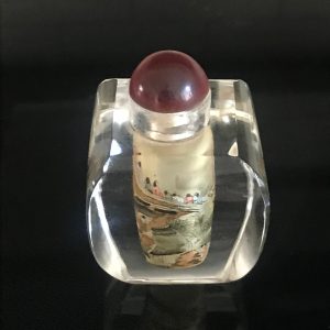 Antique Snuff Bottle glass with reverse painted scene on all 4 sides red stopper Ornate tiny painting collectible display