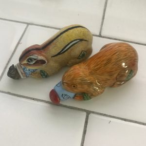 Pair of Rhodent Snuff Bottles Chipmunk and Cat or other animal Ornate tiny painting collectible display intricate hand painted