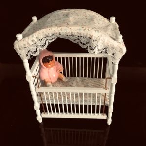 Vintage Doll Crib Baby bed wooden with tiny baby Canopy Bed Miniature with adjustable side collectible display