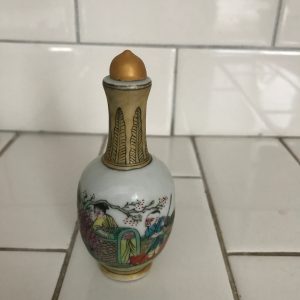 Vintage Snuff Bottle Bisque Long neck with Asian print hand painted great detail collectible display intricate hand painted 4 1/4" tall