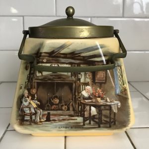 Antique Biscuit Barrel Cookie Jar Elegant Storage Container Dining Collectible L & Sons Limited England transfer ware Brass trim