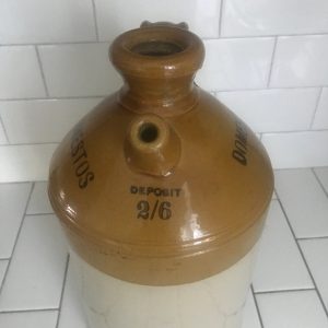 Antique Crock 1 1/2  Gallon Advertising England Domestos deposit 2/6 Spirits jug crock farmhouse collectible