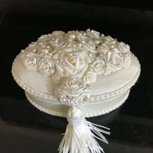 Beautiful Moire fabrc Wedding box oval with pearls roses and rhinestones trinkets jewelry storage collectible display victorian style