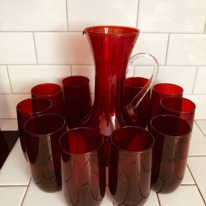 Vintage Red Glass pitcher and 10 tumblers serving dining collectible blown glass water pitcher with applied handle display fine dining