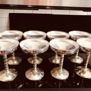 Vintage Set of 8 Shallow champagne Spain Silverplate on Brass with liners ornate stems collectible display special event